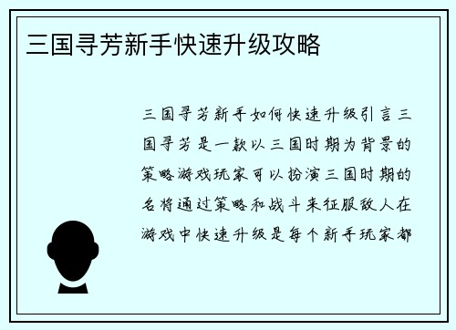 三国寻芳新手快速升级攻略
